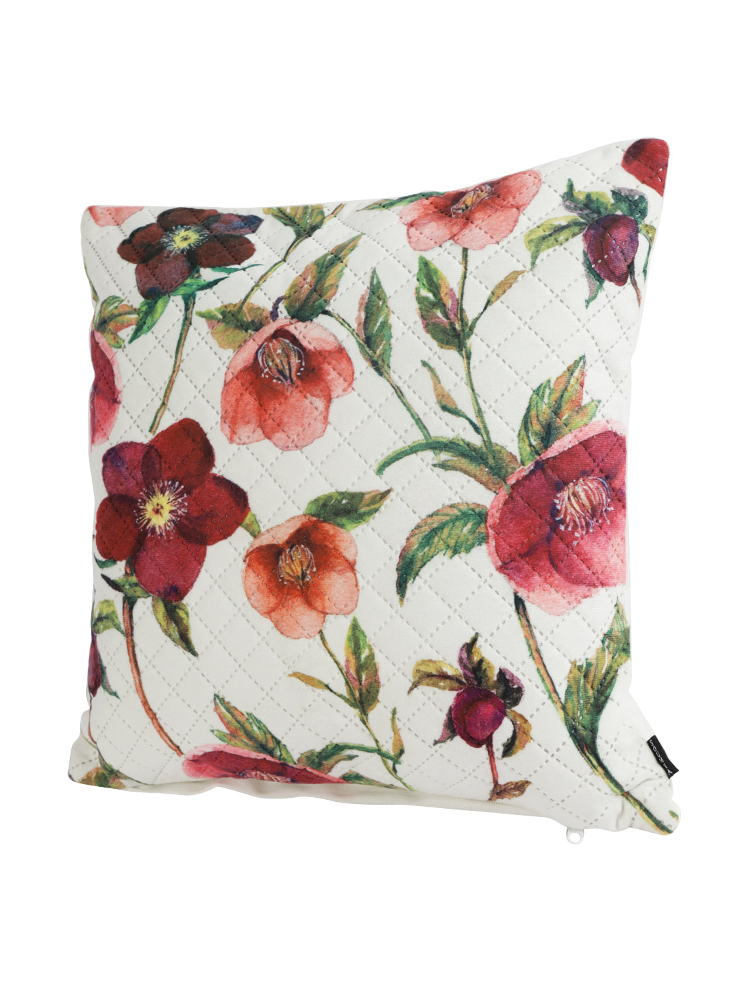 Soumya White & Red 2 Pieces Floral Printed Quilted Square Velvet Cushion Covers