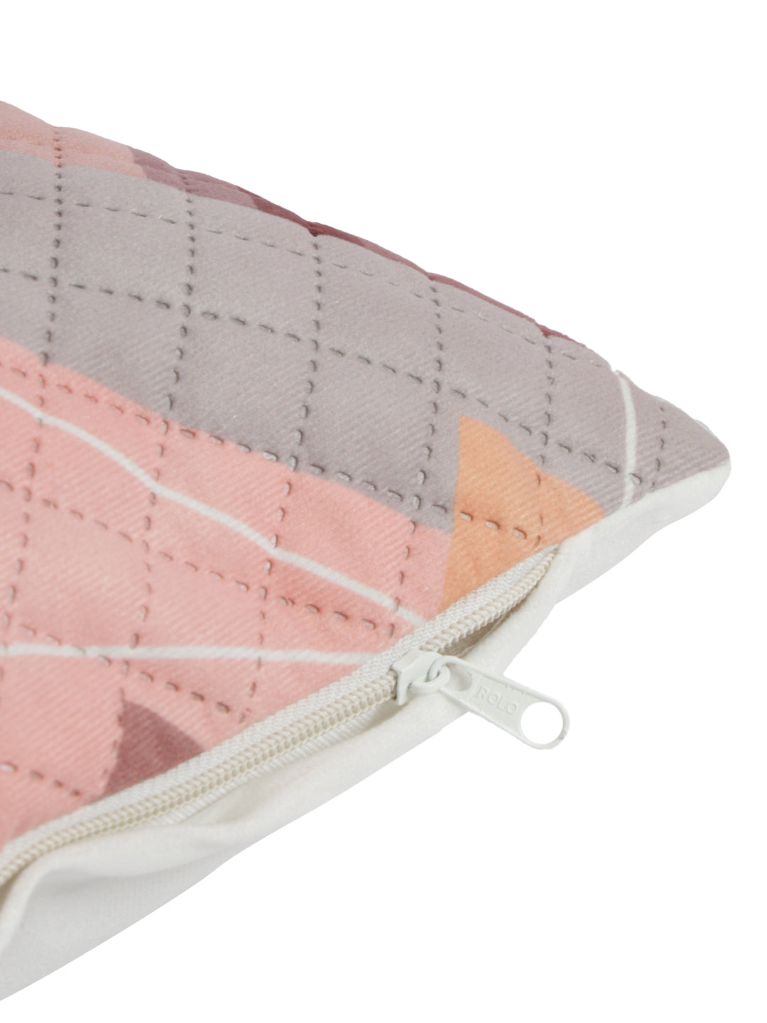 Soumya Peach-Coloured & White 2 Pieces Printed Quilted Square Velvet Cushion Covers