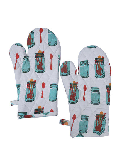 Set of 2 Quilted Heat Resistant Cotton Oven Gloves Turquoise Color