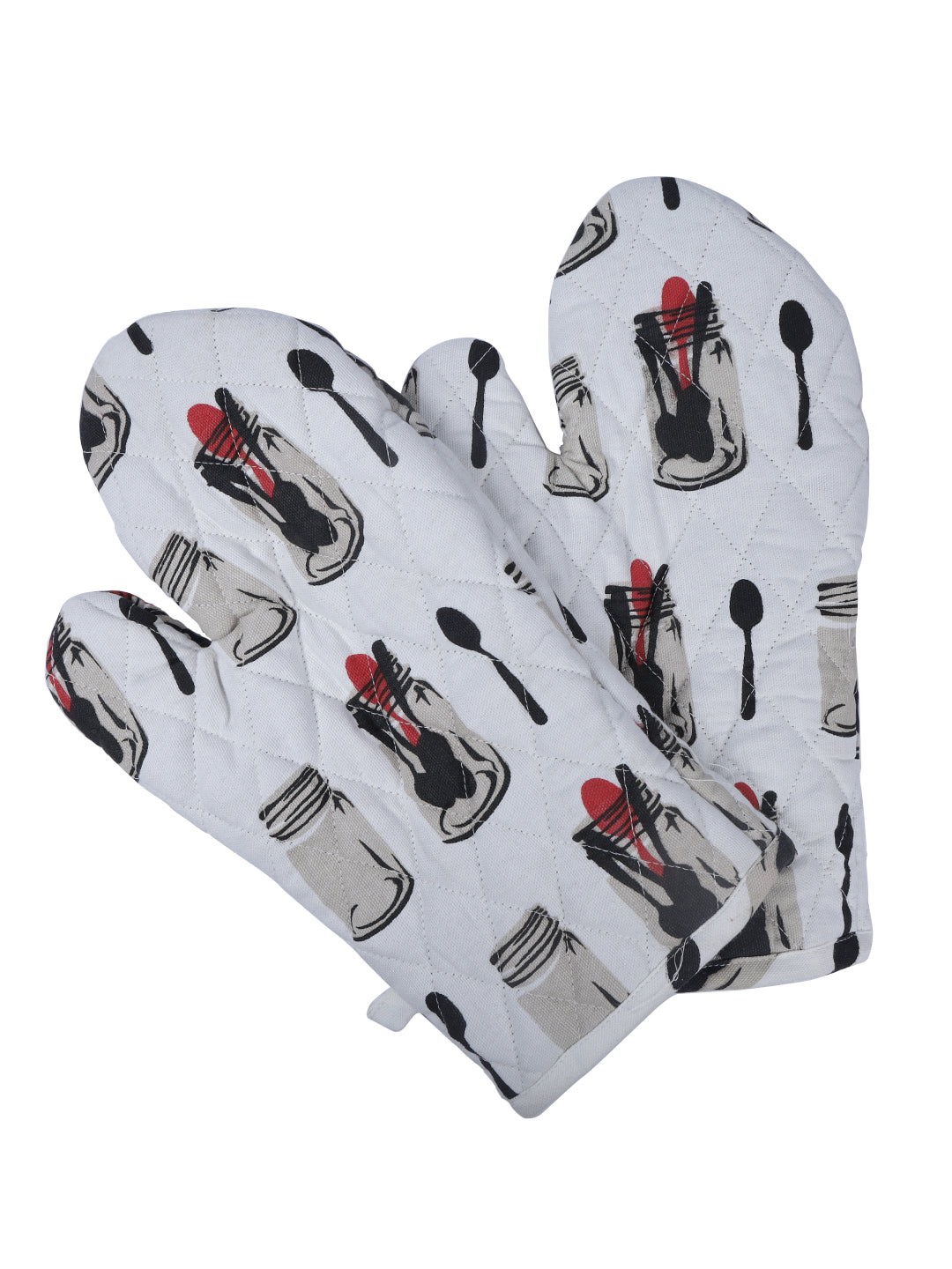 Set of 2 Quilted Heat Resistant Cotton Oven Gloves Black and White Color