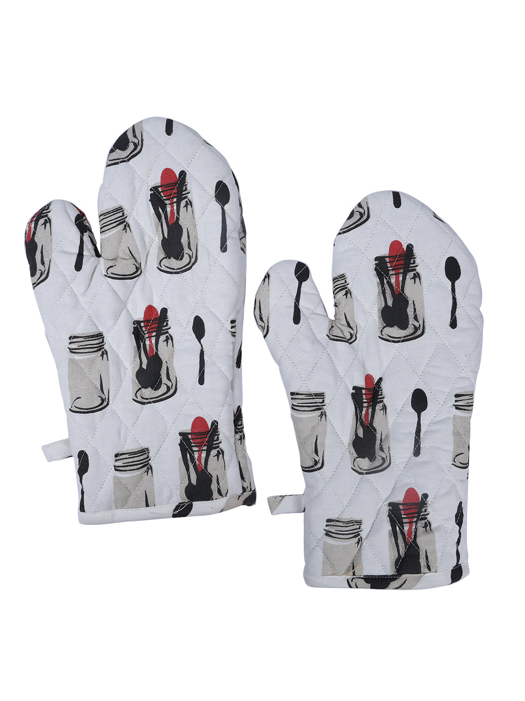 Set of 2 Quilted Heat Resistant Cotton Oven Gloves Black and White Color