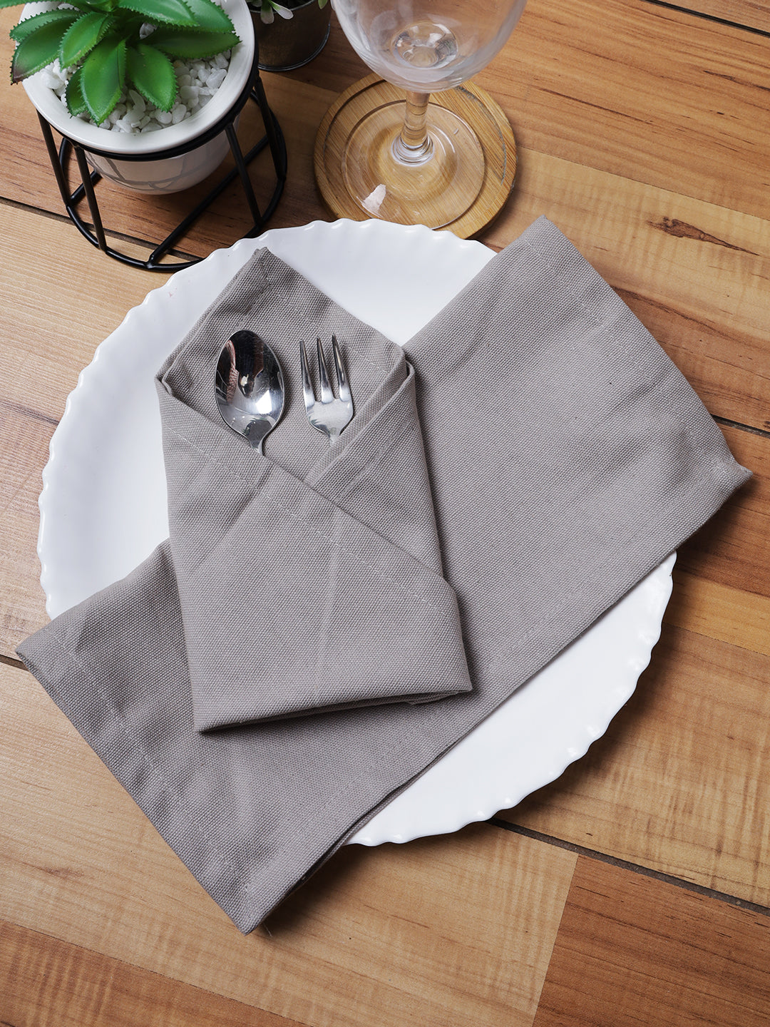 Set of 6 Cotton Plain Grey Color Table Napkin, 6pc Napkin Set