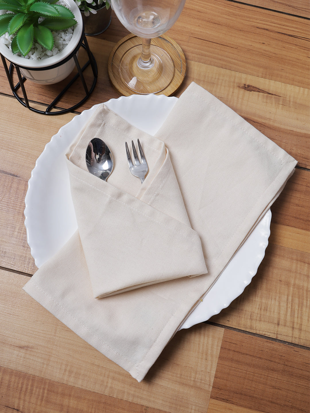 Set of 6 Cotton Plain Off White Color Table Napkin, 6pc Napkin Set
