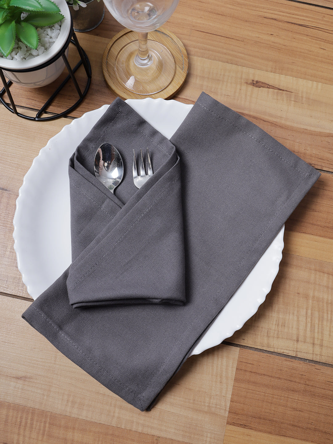 Set of 6 Cotton Plain Silver Color Table Napkin, 6pc Napkin Set