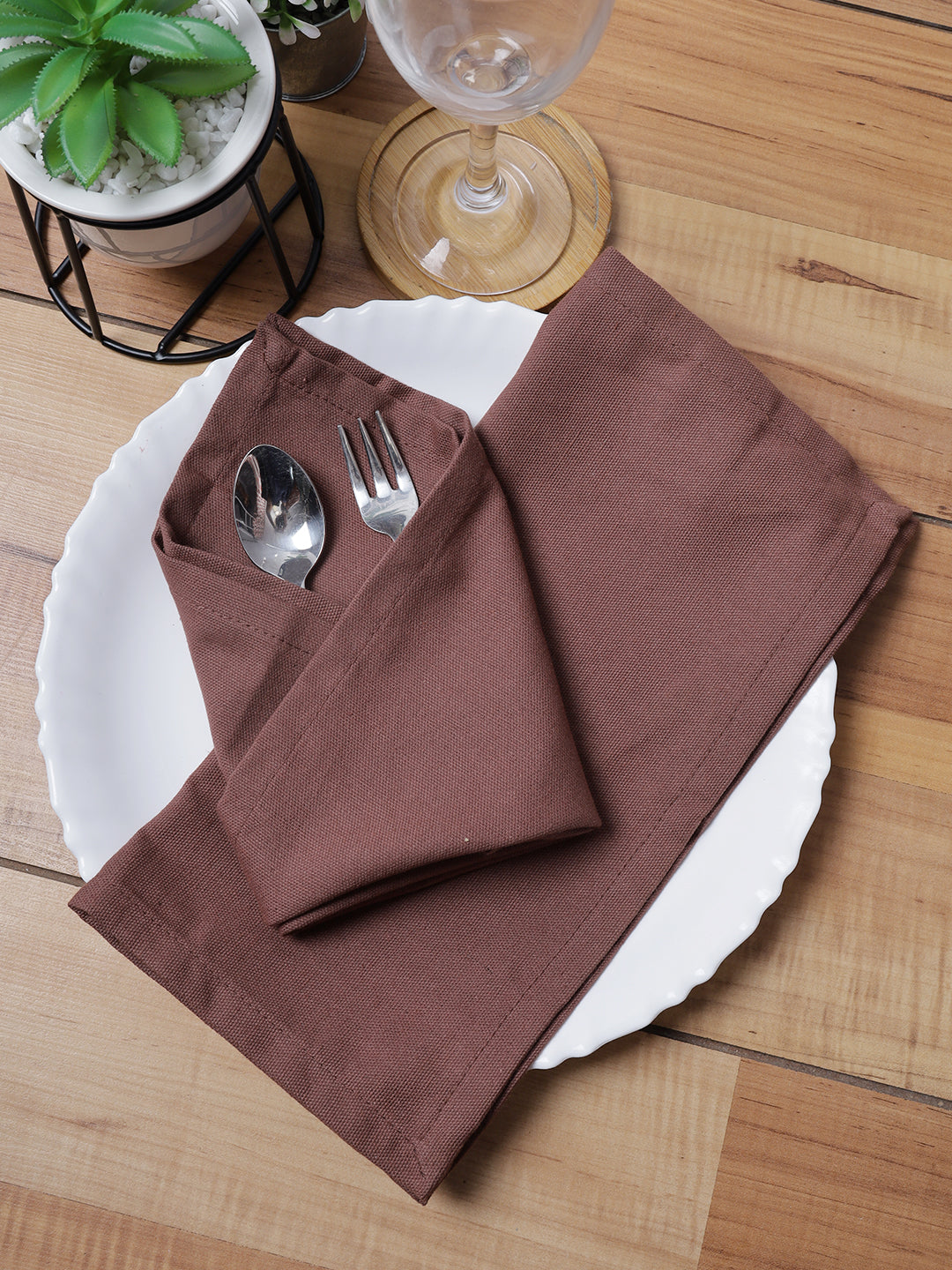 Set of 6 Cotton Plain Brown Color Table Napkin, 6pc Napkin Set