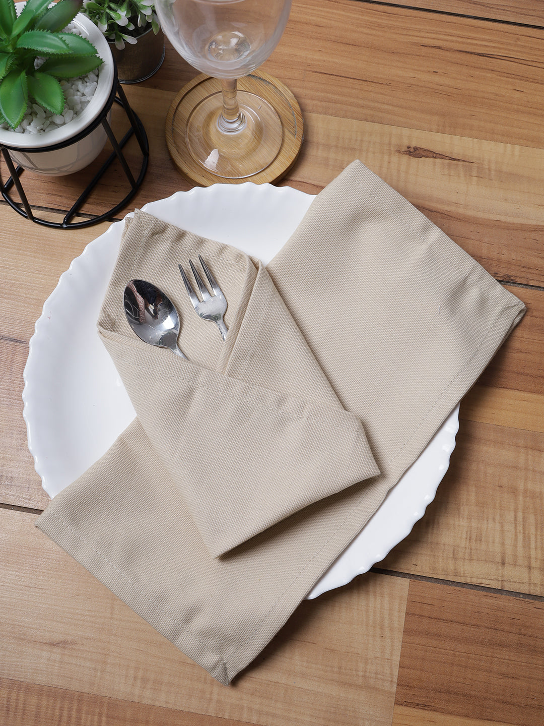Set of 6 Cotton Plain Beige Color Table Napkin, 6pc Napkin Set
