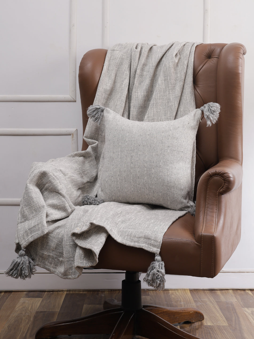 Soumya Premium Solid Throw and Cushion Cover Set with Tassels Grey Color 1 pc