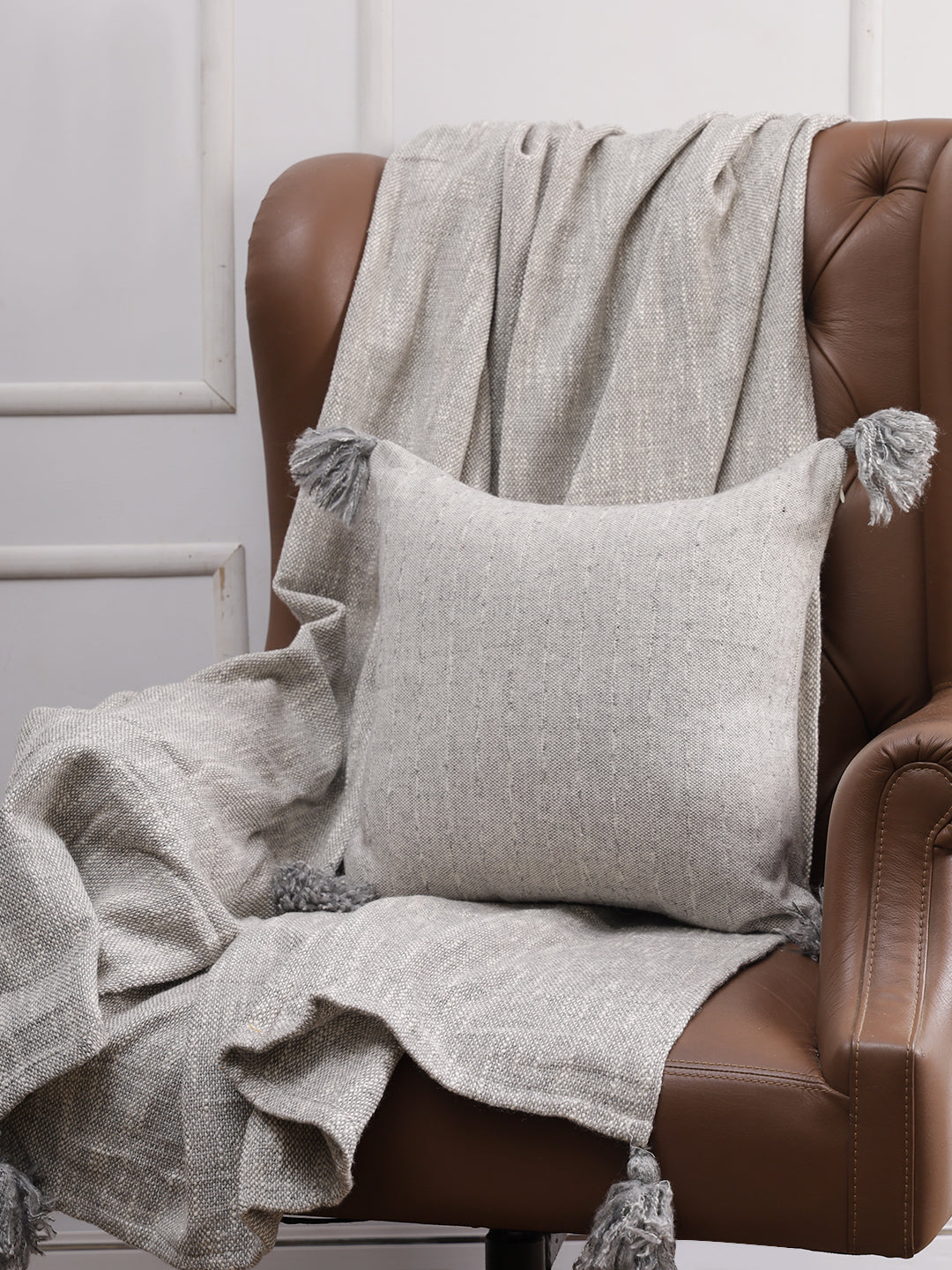 Soumya Premium Solid Throw and Cushion Cover Set with Tassels Grey Color 1 pc