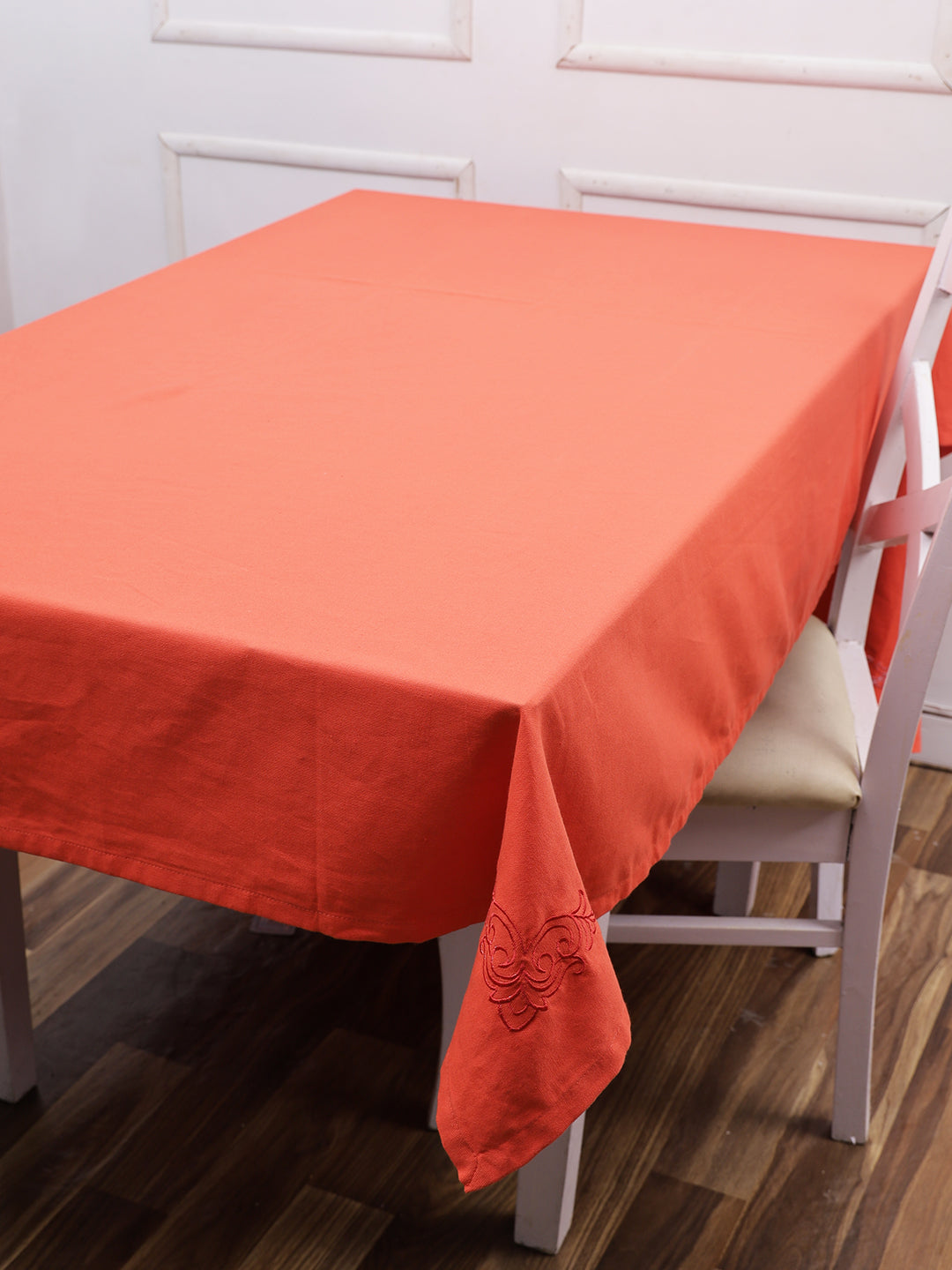 Set of 7 Solid Embroidery Cotton 6 Seater Table Cover Set Orange Color, 1 Table Cover 6 Seater with 6 Napkins