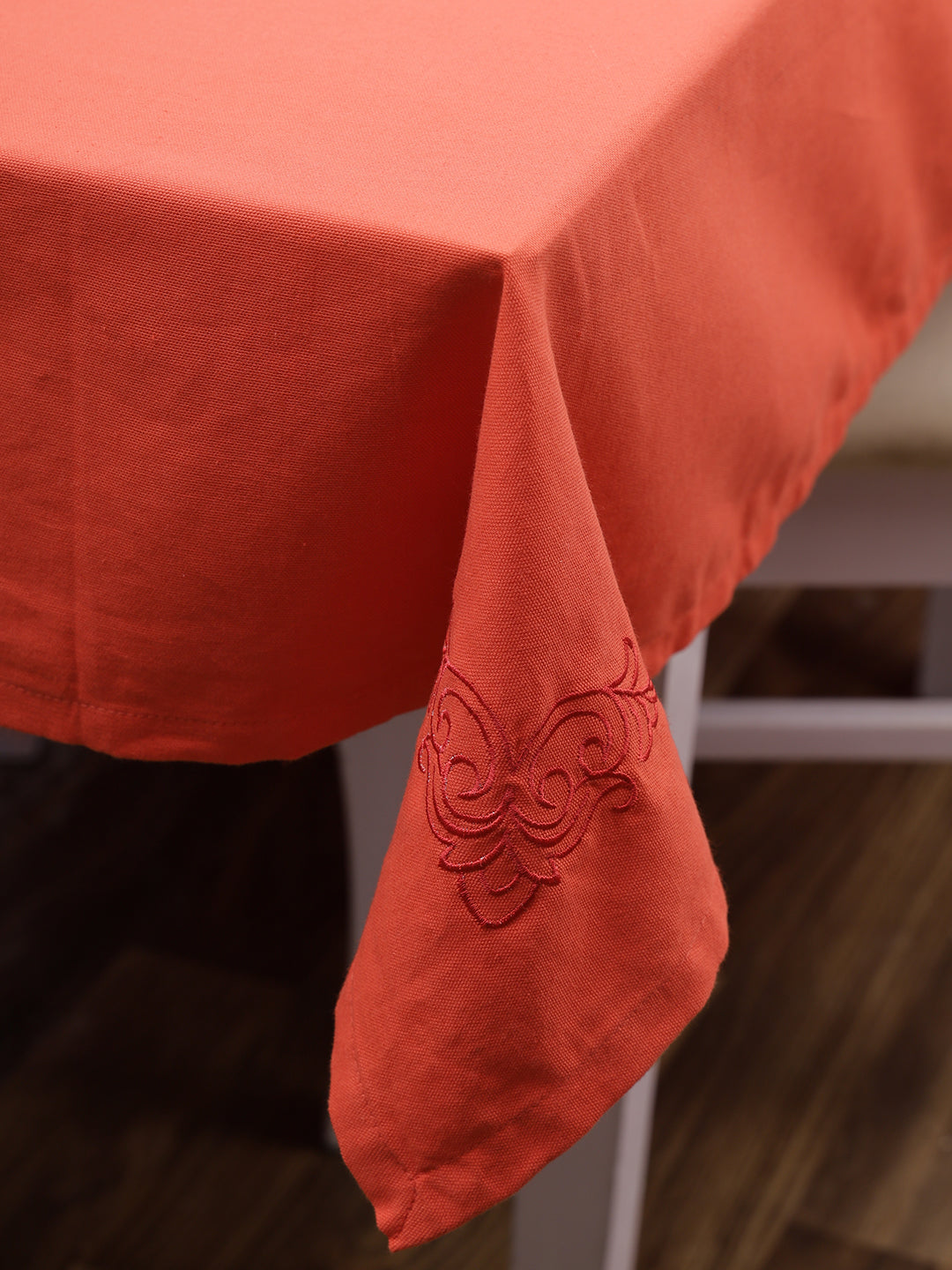Set of 7 Solid Embroidery Cotton 6 Seater Table Cover Set Orange Color, 1 Table Cover 6 Seater with 6 Napkins