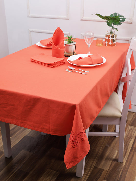 Set of 7 Solid Embroidery Cotton 6 Seater Table Cover Set Orange Color, 1 Table Cover 6 Seater with 6 Napkins