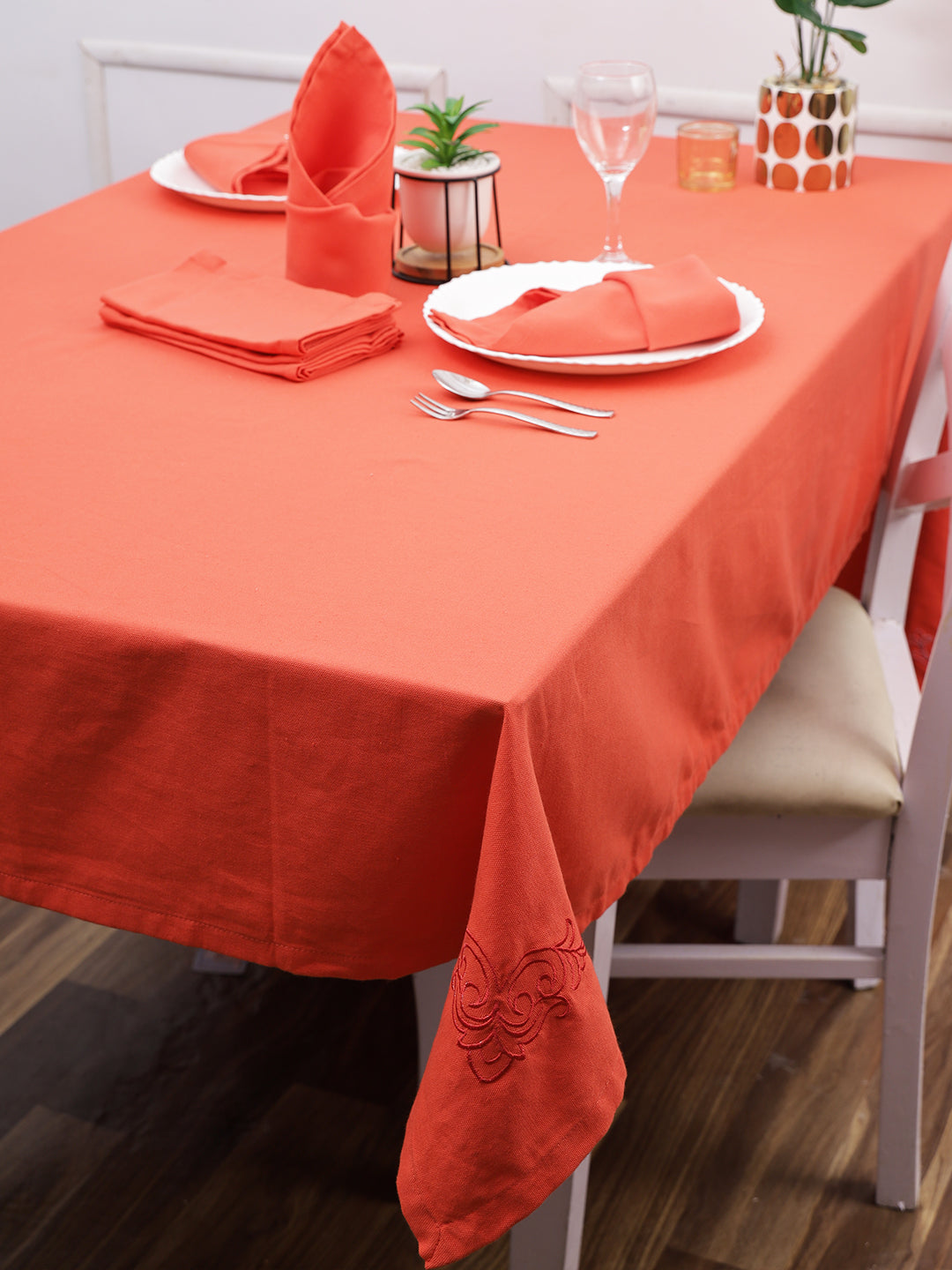 Set of 7 Solid Embroidery Cotton 6 Seater Table Cover Set Orange Color, 1 Table Cover 6 Seater with 6 Napkins