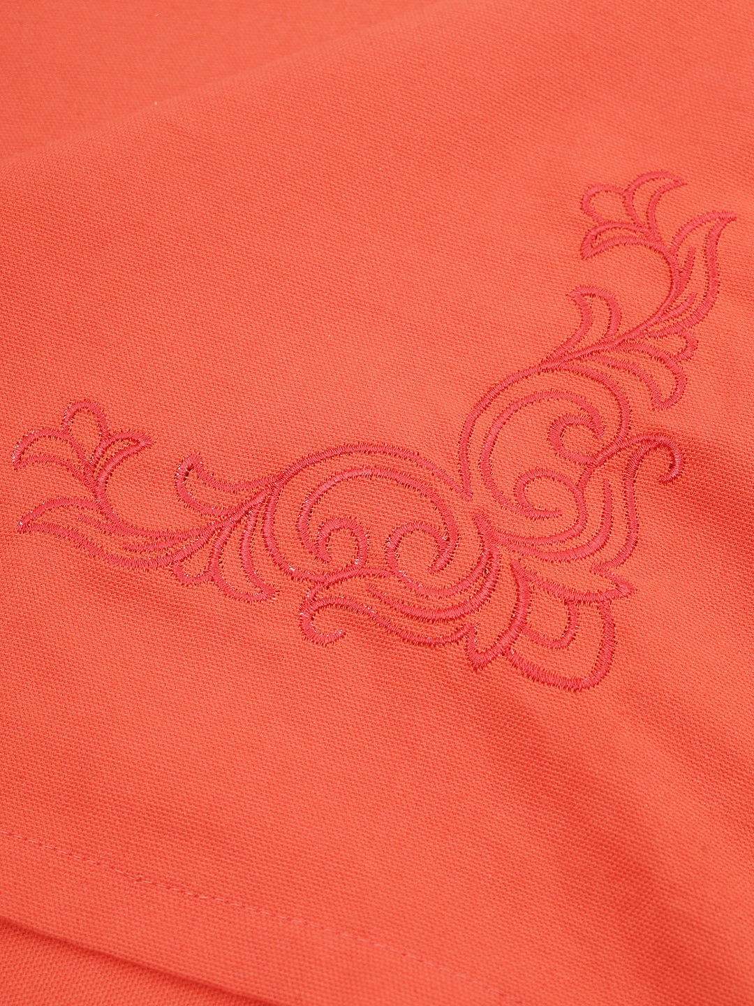 Set of 7 Solid Embroidery Cotton 6 Seater Table Cover Set Orange Color, 1 Table Cover 6 Seater with 6 Napkins