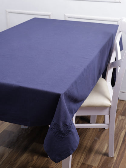 Set of 7 Solid Embroidery Cotton 6 Seater Table Cover Set Navy Blue Color, 1 Table Cover 6 Seater with 6 Napkins