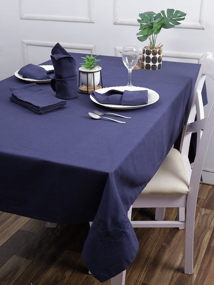 Set of 7 Solid Embroidery Cotton 6 Seater Table Cover Set Navy Blue Color, 1 Table Cover 6 Seater with 6 Napkins