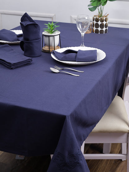 Set of 7 Solid Embroidery Cotton 6 Seater Table Cover Set Navy Blue Color, 1 Table Cover 6 Seater with 6 Napkins