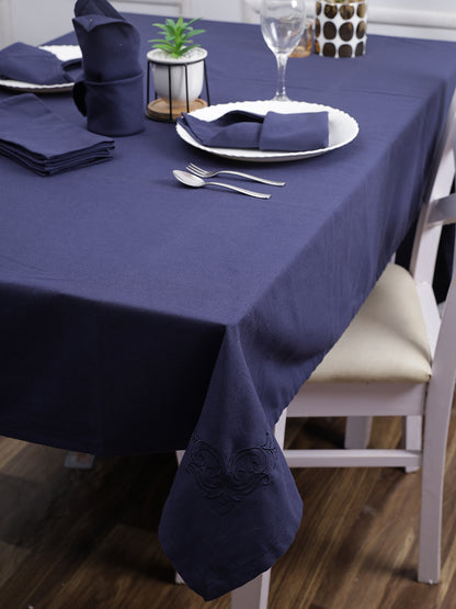 Set of 7 Solid Embroidery Cotton 6 Seater Table Cover Set Navy Blue Color, 1 Table Cover 6 Seater with 6 Napkins