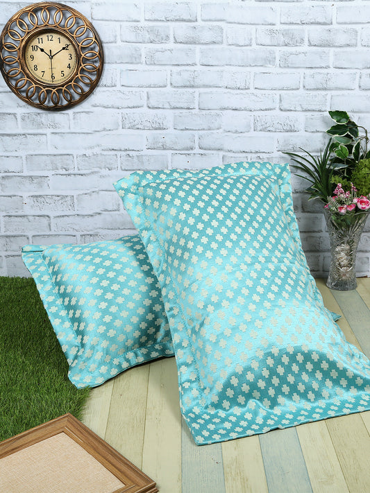 Set of 2 Premium Cotton Satin Geometric Design Blue Color Pillow Cover