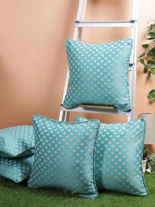 Set of 2 Premium Geometric Design Turquoise Color Cushion Cover, 5 pc Cushion Cover