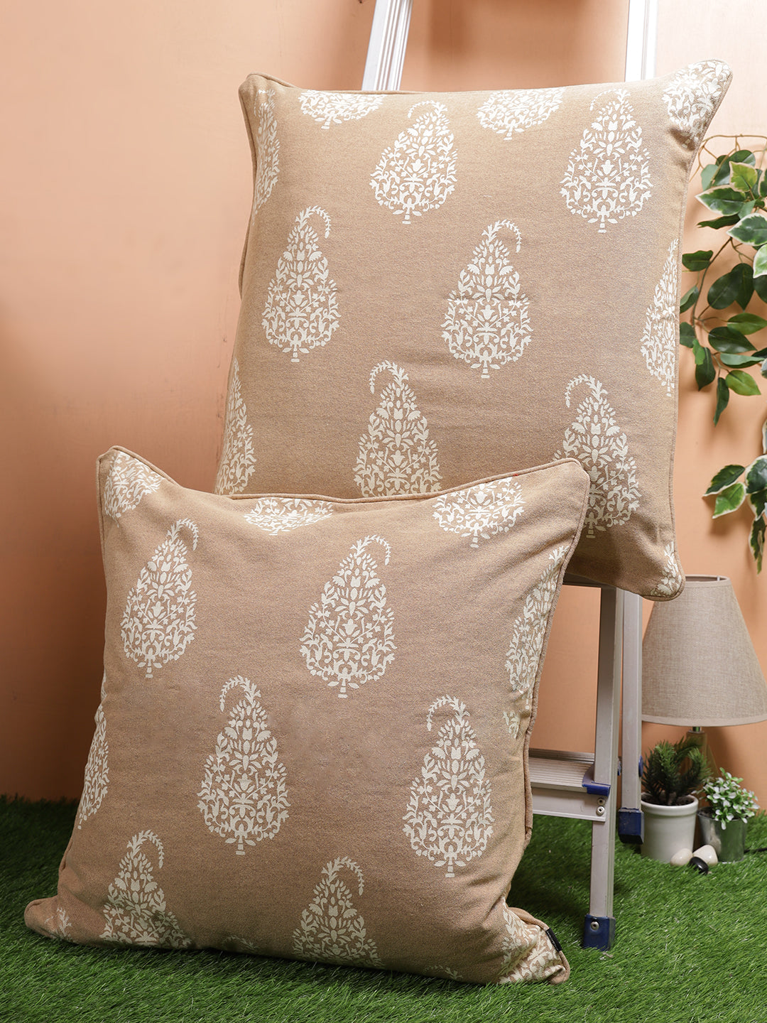 Set of 2 Premium Cotton Paisley Beige Color Cushion Cover Set
