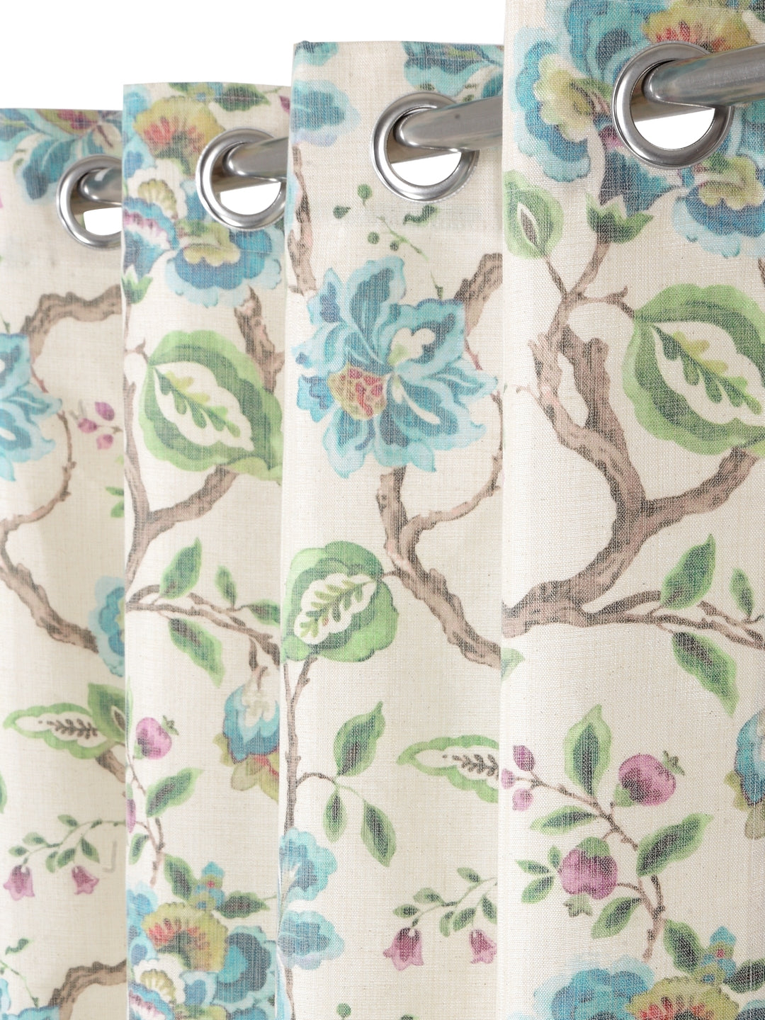 Soumya Floral Jute Digital Printed Premium Firozi Eyelet Curtain, Pack of 1