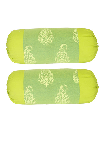 Mix n Match Premium Print Cotton Solid Design Green Color Bolster Cover, Pack of 2