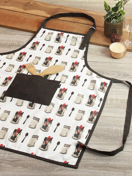 Cotton Printed Kitchen Apron with Front Pocket Black Color Apron, 1 pcs Apron