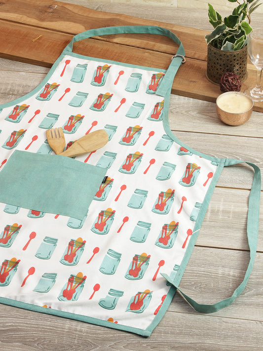 Cotton Printed Kitchen Apron with Front Pocket Blue Color Apron, 1 pcs Apron