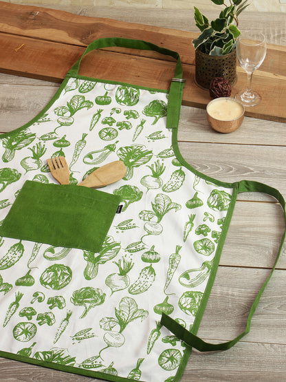 Cotton Printed Kitchen Apron with Front Pocket Green Color Apron, 1 pcs Apron