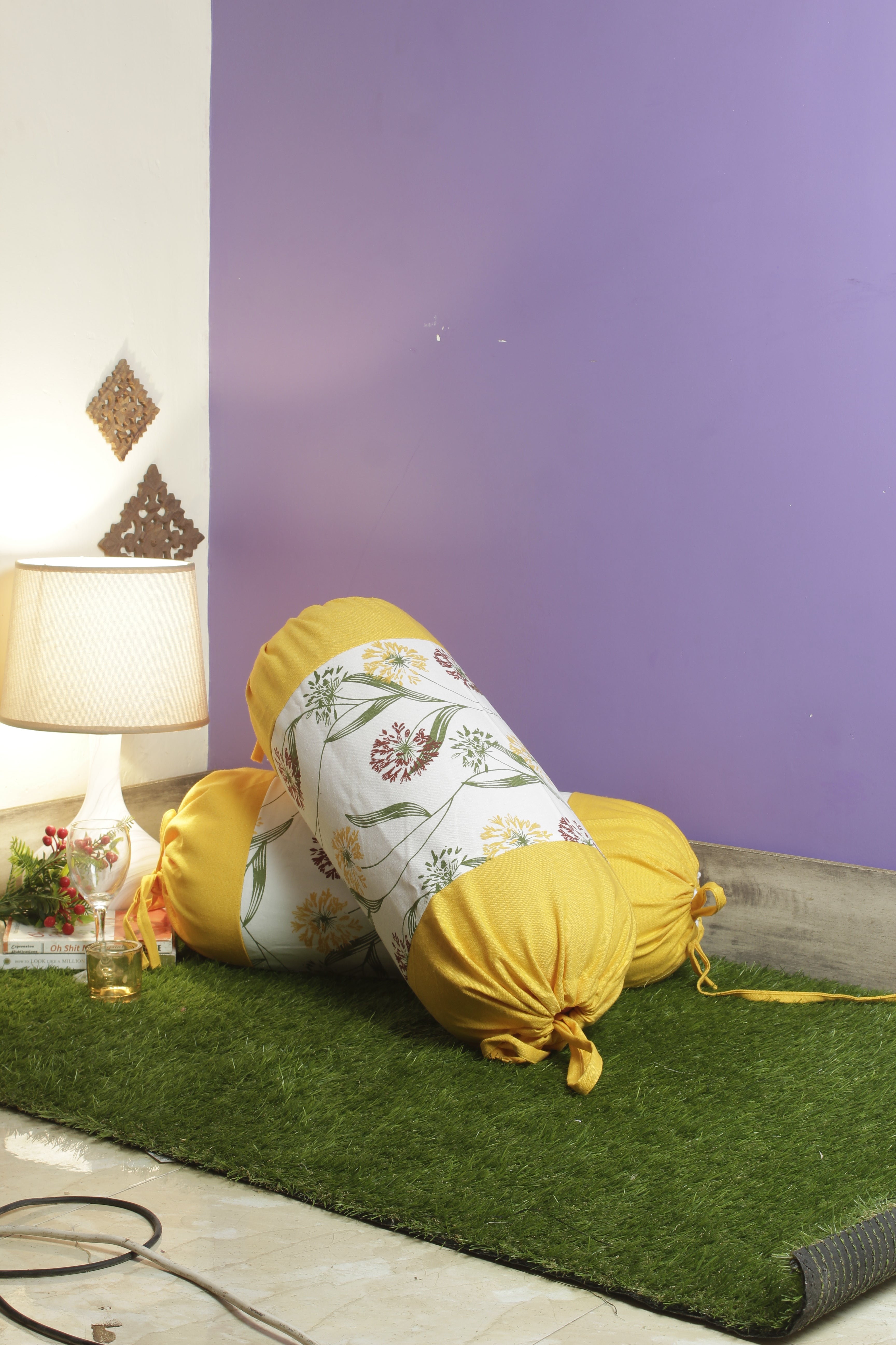 Mix n Match Cotton Floral Design Yellow Color Bolster Cover, Pack of 2