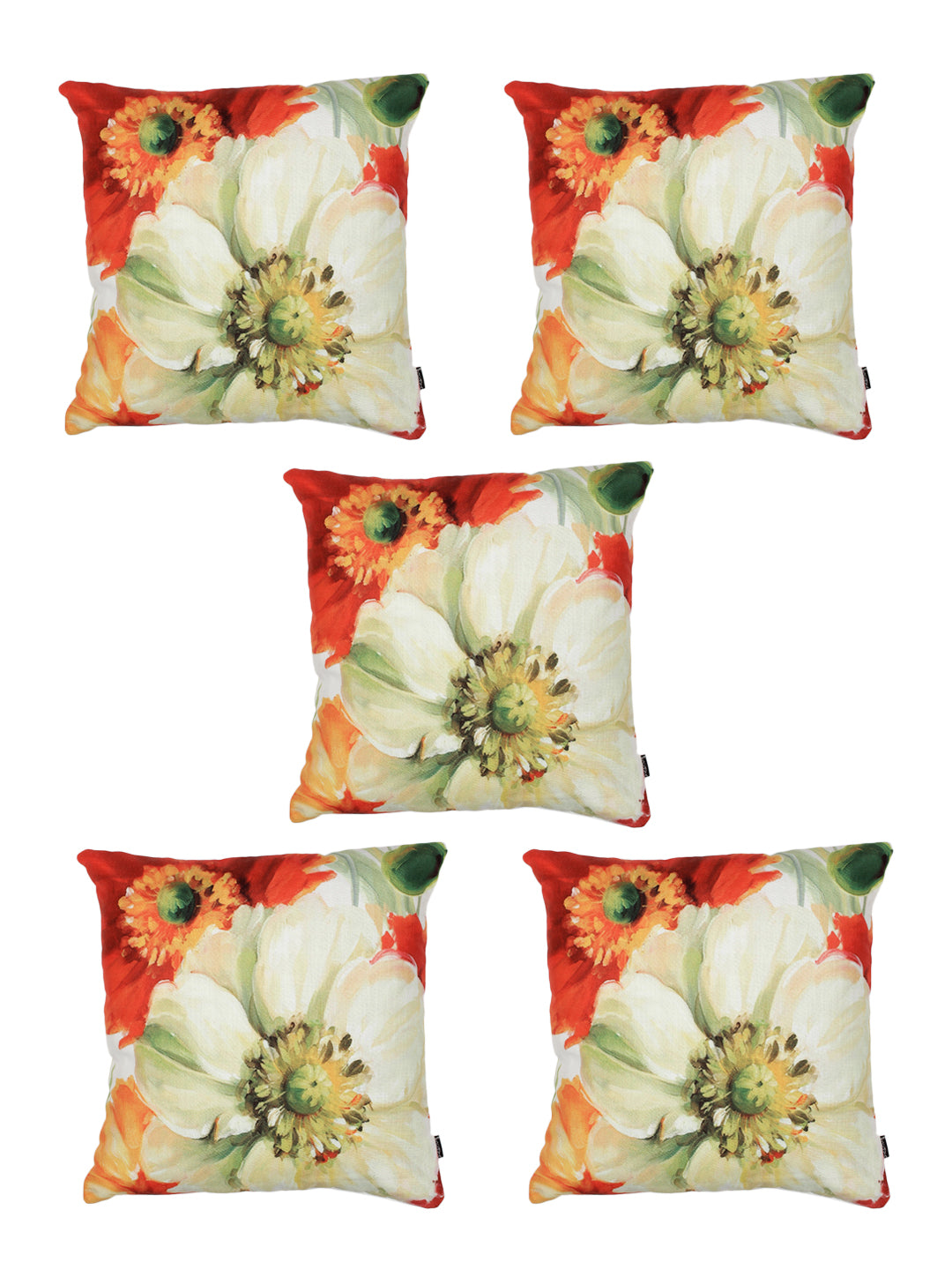 Digital Printed Premium Poly Linen Red Color Floral Cushion Cover, Pack of 5
