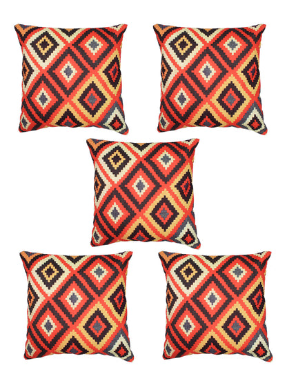 Digital Printed Premium Poly Linen Orange Color Geometric Cushion Cover, Pack of 5