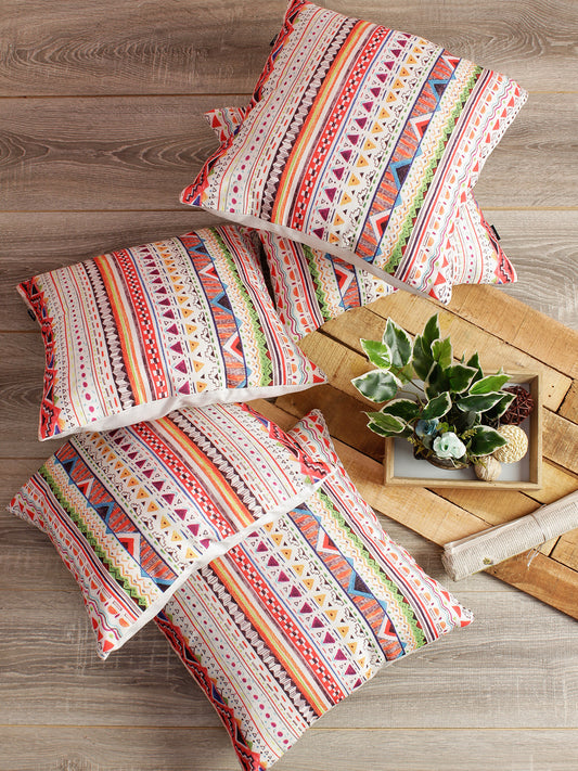 Digital Printed Premium Poly Linen Multi Color Geometric Cushion Cover, Pack of 5