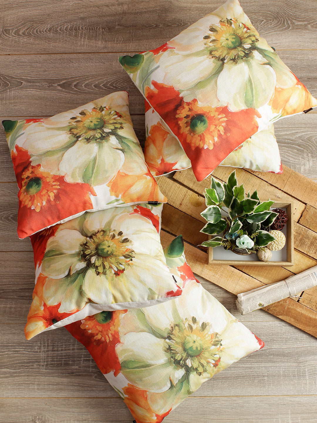 Digital Printed Premium Poly Linen Red Color Floral Cushion Cover, Pack of 5