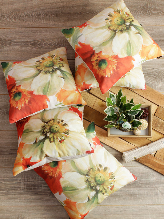 Digital Printed Premium Poly Linen Red Color Floral Cushion Cover, Pack of 5