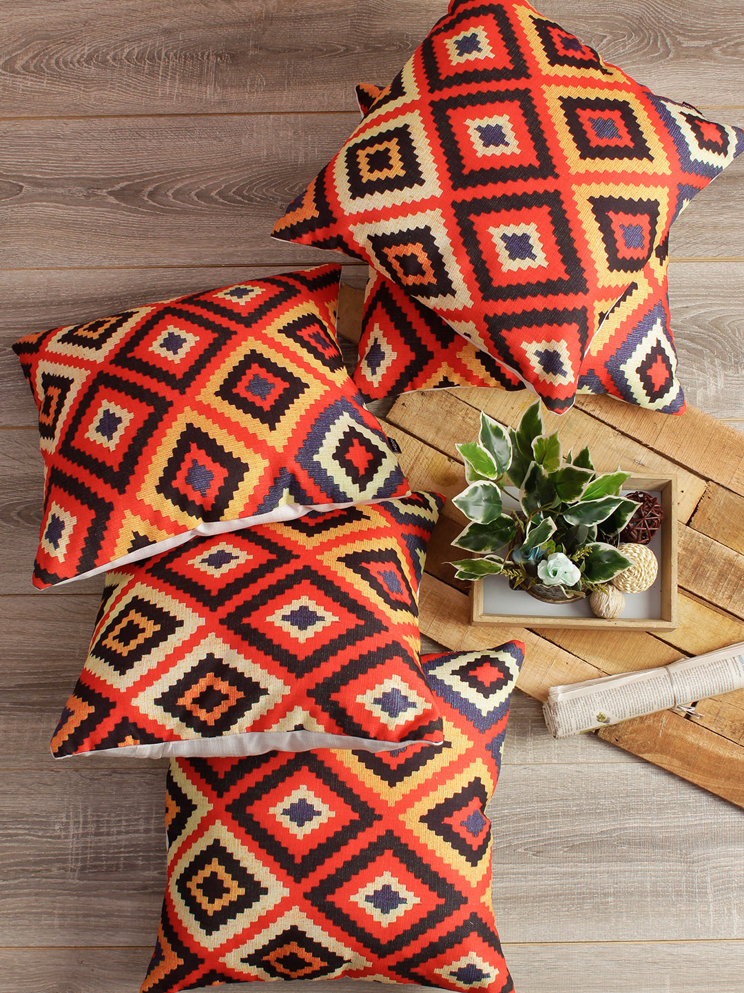 Digital Printed Premium Poly Linen Orange Color Geometric Cushion Cover, Pack of 5