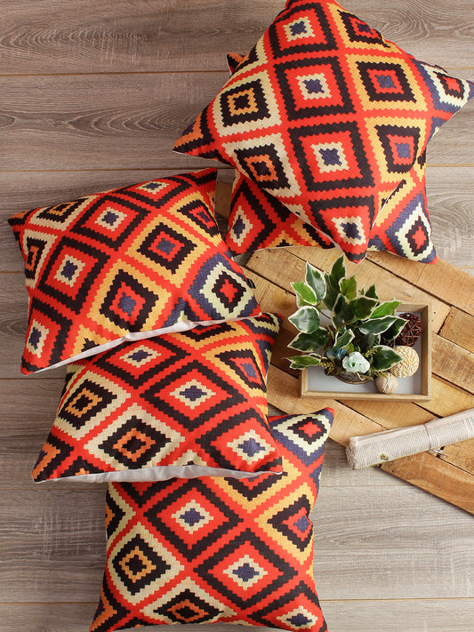 Digital Printed Premium Poly Linen Orange Color Geometric Cushion Cover, Pack of 5