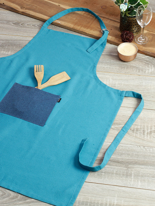 Cotton Solid Kitchen Apron with Front Pocket Firozi Color Apron, 1 pcs Apron