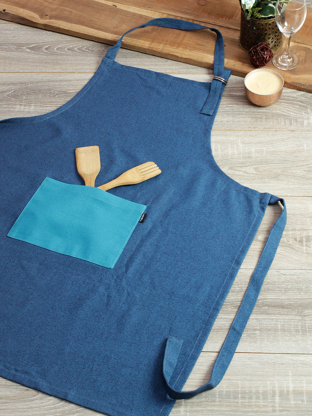 Premium Cotton Solid Kitchen Apron with Front Pocket Blue Color Apron, 1 pcs Apron