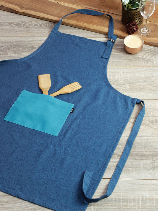 Premium Cotton Solid Kitchen Apron with Front Pocket Blue Color Apron, 1 pcs Apron