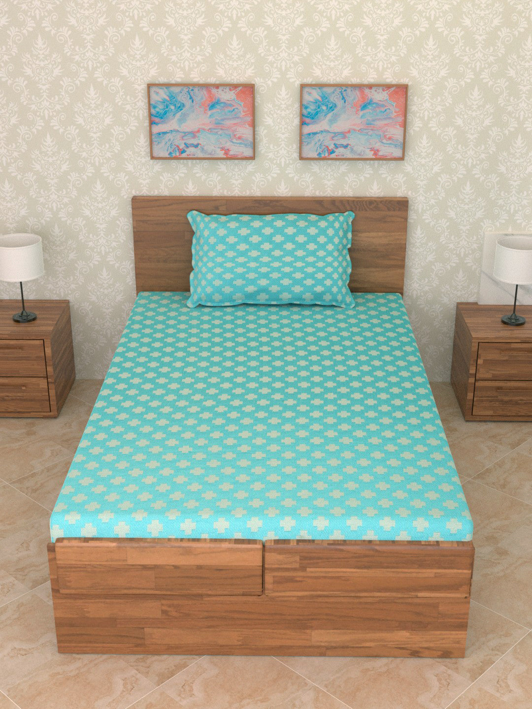 Set of 2 Premium Satin Weaving Turquoise Color Single Bedcover Set, 1 Single Bedcover, with 1 Pillow Cover