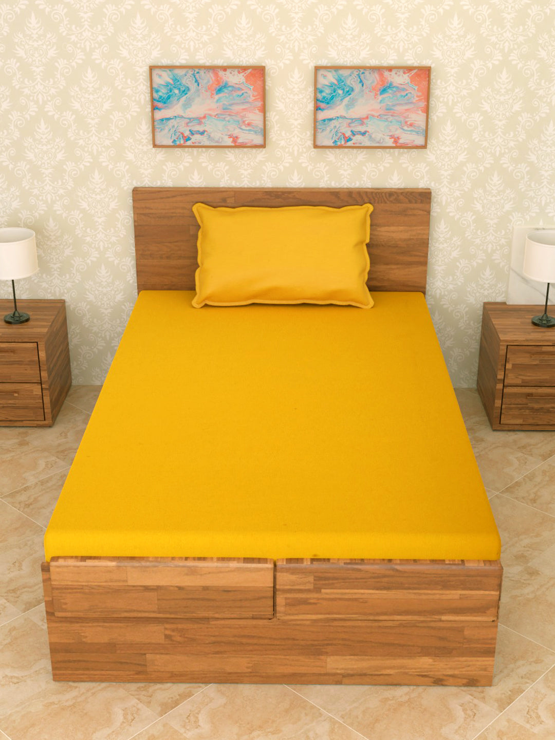 Set of 2 Solid Yellow Color Cotton Single Bedcover Set, 1 Single Bedcover, with 1 Pillow Cover