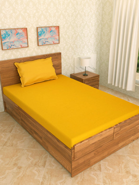 Set of 2 Solid Yellow Color Cotton Single Bedcover Set, 1 Single Bedcover, with 1 Pillow Cover