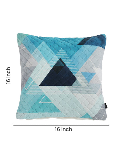 Stylish White & Turquoise Blue Color Floral Printed Quilted Square Velvet Cushion Covers - 2 Pcs