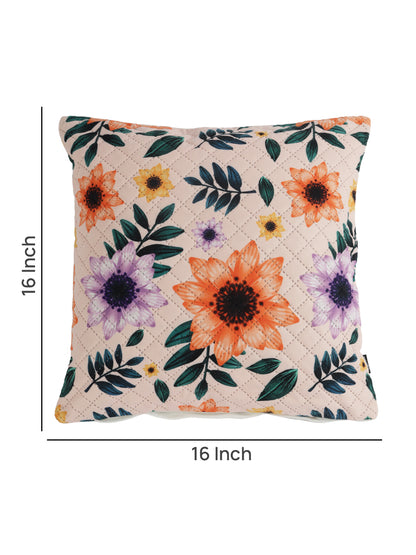 Soumya Orange & Green 2 Pieces Floral Printed Quilted Square Velvet Cushion Covers