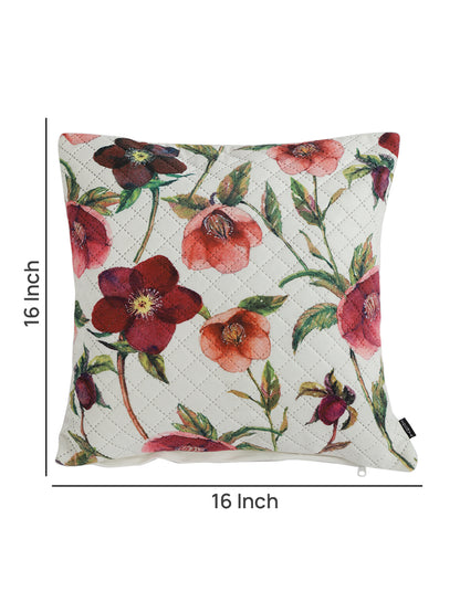 Soumya White & Red 2 Pieces Floral Printed Quilted Square Velvet Cushion Covers