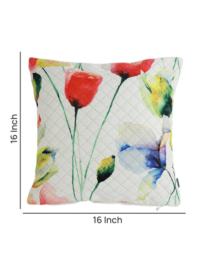 Stylish White & Red Color Floral Printed Quilted Square Velvet Cushion Covers - 2 Pcs