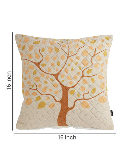 Soumya Beige & Yellow 2 Pieces Floral Printed Quilted Square Velvet Cushion Covers