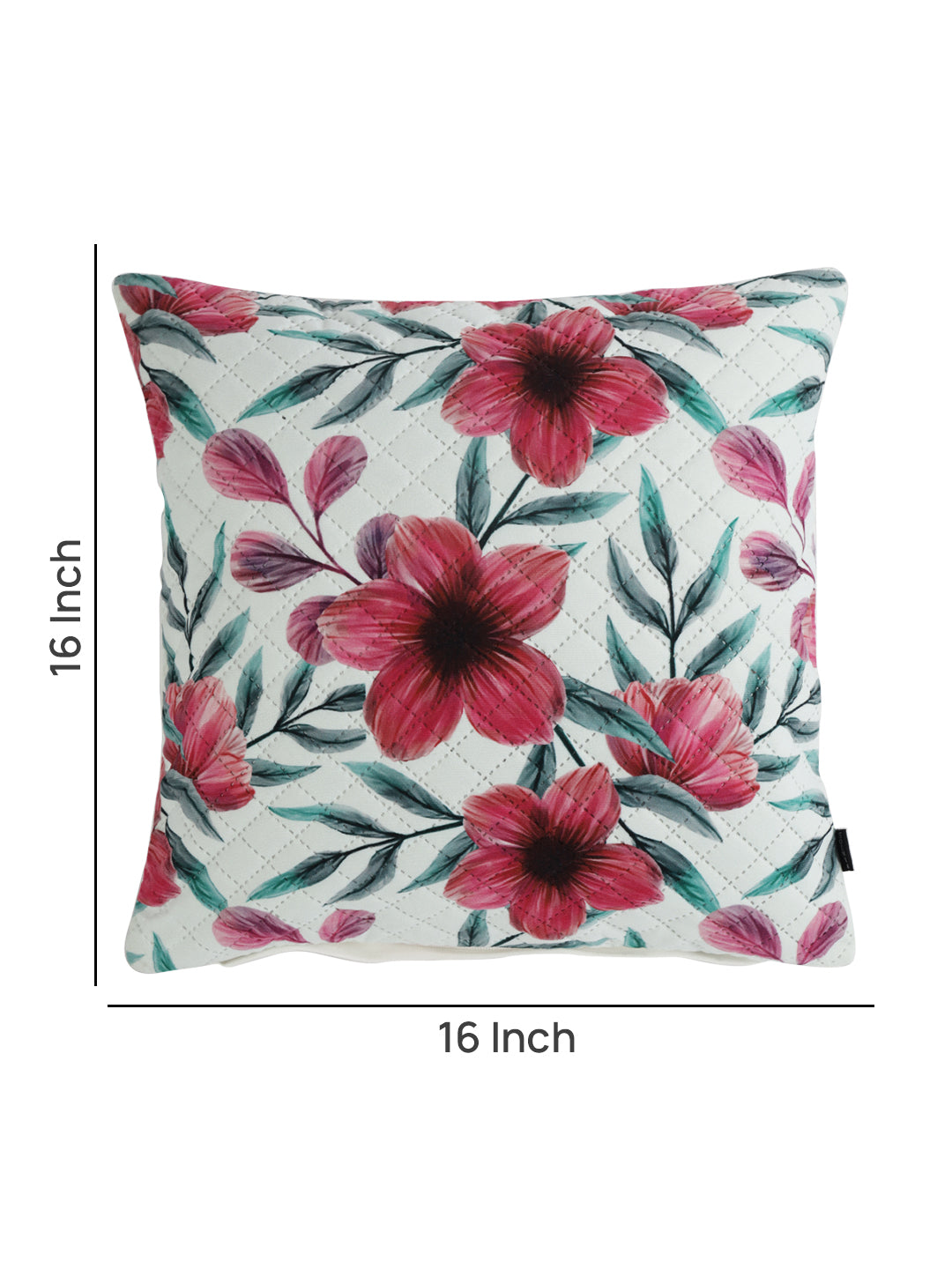 Stylish White & Red Color Floral Printed Quilted Square Velvet Cushion Covers - 2 Pcs