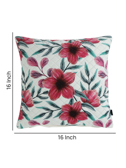 Stylish White & Red Color Floral Printed Quilted Square Velvet Cushion Covers - 2 Pcs